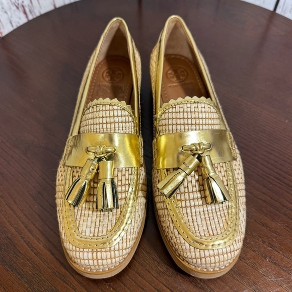 TORY BURCH Raffia & Metallic Gold Leather Trims Loafers in size 6 New - Picture 14 of 15